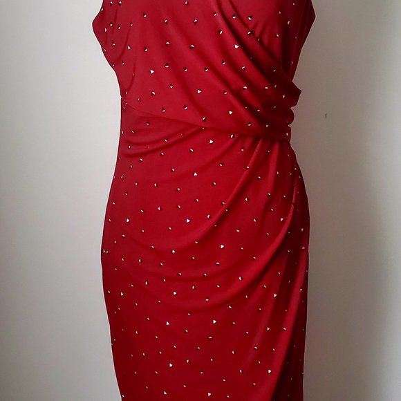 LE CHATEAU Y2K Red Faux Wrap Dress Gathered Detailing Small Geo Patten MEDIUM - Picture 5 of 8